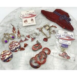 Red Hat Society Jewelry Lot Purse Brooches Bracelet Earrings Necklace Purple